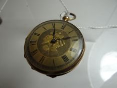 An 18k yellow gold floral engraved ladies pocket watch bearing Roman numerals to the brass dial with