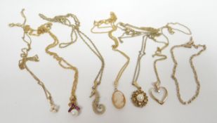 Seven various fine necklaces and mixed-form pendants, mainly if not all 9ct yellow gold 12.8gms