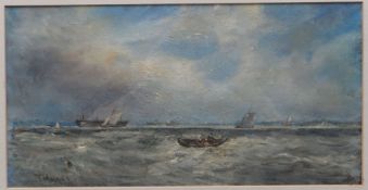T MALGAS oil on canvas laid to board - boats and ships, entitled verso 'Poole Harbour, Dorset',