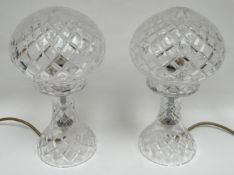 A pair of modern cut-glass mushroom-shaped table lamps, 10.5ins high (26cms)