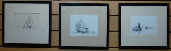 SAMUEL JOHN MILTON BROWN trio of pencil drawings - maritime scenes, signed, 4.5 x 6ins (11 x