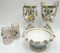 A pair of Spode chimney-vases, floral and bird encrusted with pink flowers and canaries (chipped