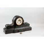 A Victorian black marble classical style mantel clock with malachite panels and chased gilt