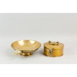 A hammered brass quaiche-type bowl, 25 cms diameter, and a round  Eastern brass container with