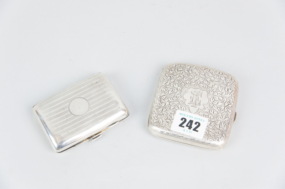 A small silver gentleman's cigarette case, 2ozs, Birmingham 1924 and another with bright cut leaf