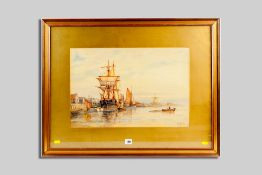 FREDERICK J ALDRIDGE watercolour, harbour shipping scene with distant windmill, signed and
