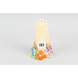 A Clarice Cliff Bizarre sugar sifter decorated in the 'My Garden' pattern, the base with