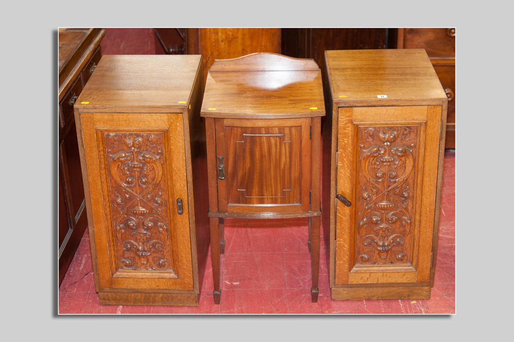 A pair of narrow oak specimen cabinets having single doors with carved fruit etc and revealing