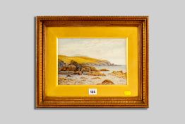 ROBERT DOBSON watercolour - rocky coastalscape with two figures, signed and dated 1897, 18 x 27 cms