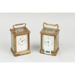 Two non-striking brass encased carriage clocks each with a white enamel dial and Roman numerals