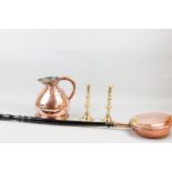 A one gallon copper beer measure. a coper warming pan with patterned handle and turned and