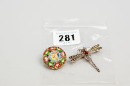 A circular micro mosaic pin brooch on a yellow metal back and a 925 silver dragonfly brooch