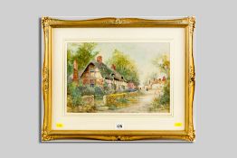 JOSEPH HUGHES CLAYTON watercolour - lane side thatched cottage with figures, signed, 10 x 14 ins (26