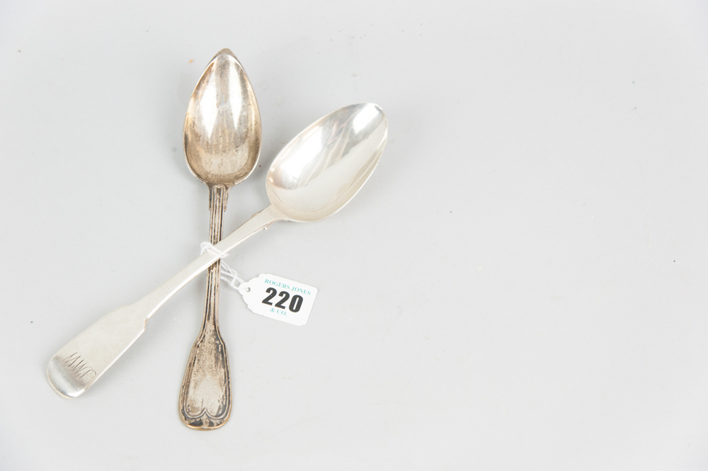 A Georgian silver serving spoon with plain fiddle handle and monogram, 1.9 ozs, Dublin 1830 and
