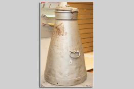 A metal conical shaped railside milk churn with iron carrying handles and stamped 'Numbered Volume