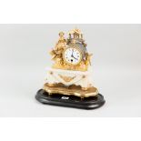 A gilt metal encased mantle clock, the drum dial flanked by a peasant female figurine on an