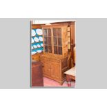 An early 19th Century Welsh oak type bookcase cupboard, the upper section having twin glazed doors