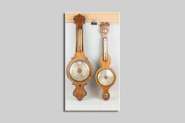 Two Victorian banjo barometers with thermometers, both requiring some form of restoration, 102 cms
