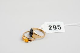 A 9ct gold signet ring with amber stone, 2.9 gms and a 9ct gold gents bloodstone signet ring, 4.5