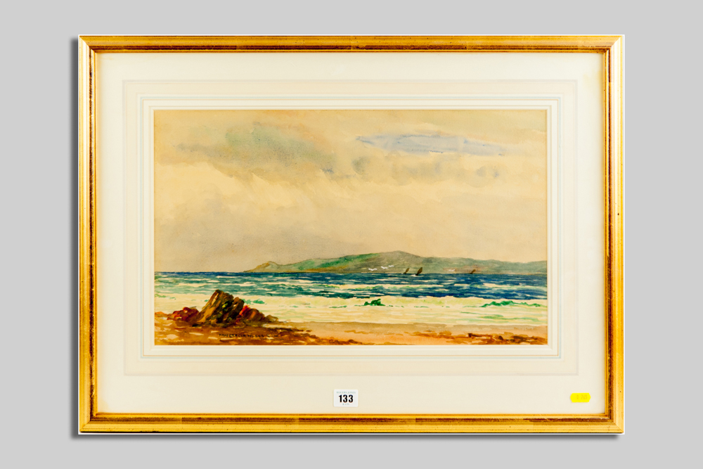 P MACGREGOR WILSON watercolour - coastal scene with distant yachts, signed, 29 x 49 cms