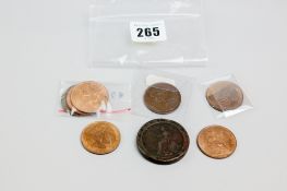 An 1862 penny, three pennies dated 1950, 1951 and 1953, a cartwheel two pence piece and three