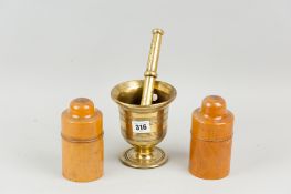 A late eighteenth century brass pestle and mortar and a pair of boxwood apothecary bottle holders,