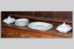 A set of Asiatic Pheasant pottery dresser ware- 3 platter, 8 circular plates and 2 lidded tureens