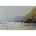 GARETH THOMAS watercolour - coastal scene with waves breaking onto rocks entitled verso on Attic