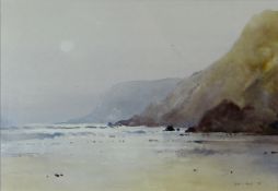 GARETH THOMAS watercolour - coastal scene with waves breaking onto rocks entitled verso on Attic