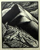 JOHN PETTS etching - figure crouching on Snowdonia ridge, entitled in artist's pencil to mount 'Yr