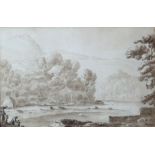 FOLLOWER OF PAUL SANDBY sepia watercolour, circa 1800-1820 - figures and landscape, entitled