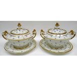 SWANSEA porcelain - pair of covered sauce tureens with matching stands, having circular pedestal