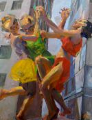 KEVIN SINNOTT oil on canvas - three dancing ladies in a Manhattan street, from the 'Urban Graces'