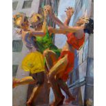 KEVIN SINNOTT oil on canvas - three dancing ladies in a Manhattan street, from the 'Urban Graces'