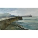 KAREN PEARCE watercolour - view of the harbour wall and jetty at Aberystwyth, signed and dated '