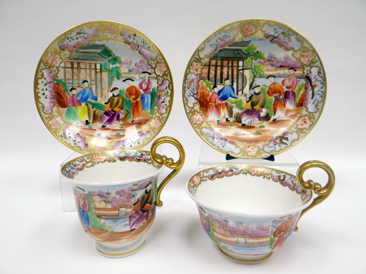 SWANSEA porcelain - two 'Mandarin' (see Lot 7 in this sale) cups and saucers of differing shape, red