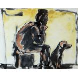 JOSEF HERMAN mixed media - seated male figure with dog looking out, with Leonie Jonleigh Studio