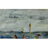 EMRYS WILLIAMS gouache on paper - promenade, figures and sailing ship, entitled verso 'Looking out