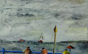 EMRYS WILLIAMS gouache on paper - promenade, figures and sailing ship, entitled verso 'Looking out