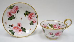 NANTGARW porcelain - tea cup and saucer, the cup with inverted heart shaped handle curving over