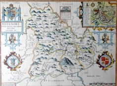 JOHN SPEEDE antique coloured map - 'Breknoke, both Shyre and Towne described, 1680' (framed and