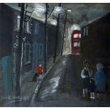 NICK HOLLY mixed media - valley street scene at dusk with women engaged in conversation, signed