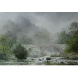 GARETH THOMAS watercolour - double-arched, stone bridge over river with woodland flanking either