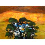 JOHN ELWYN oil on canvas - view of farm and outbuildings through trees with sunset, entitled