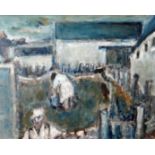 WILL ROBERTS oil on canvas - farm buildings with figures in foreground entitled 'Dan y Lan Farm',