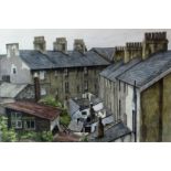 JANE CARPANINI watercolour - rear view of terraced houses and sheds, with washing on line,