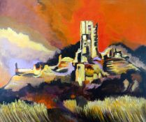 GOMER LEWIS acrylic on canvas - colourful semi-abstract of tall building on hillside , unframed,