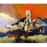 GOMER LEWIS acrylic on canvas - colourful semi-abstract of tall building on hillside , unframed,