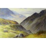 WARREN WILLIAMS watercolour - mountain roadway with view of the sea in background, entitled '