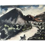 JOSEF HERMAN watercolour - landscape with figures on road, entitled verso 'Donkey, Man & Cart', 7.